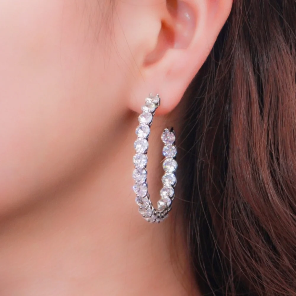 Sparkle Simulated Diamond In-Out Hoop Earring, 925 Sterling Silver Post - Picture 3 of 7